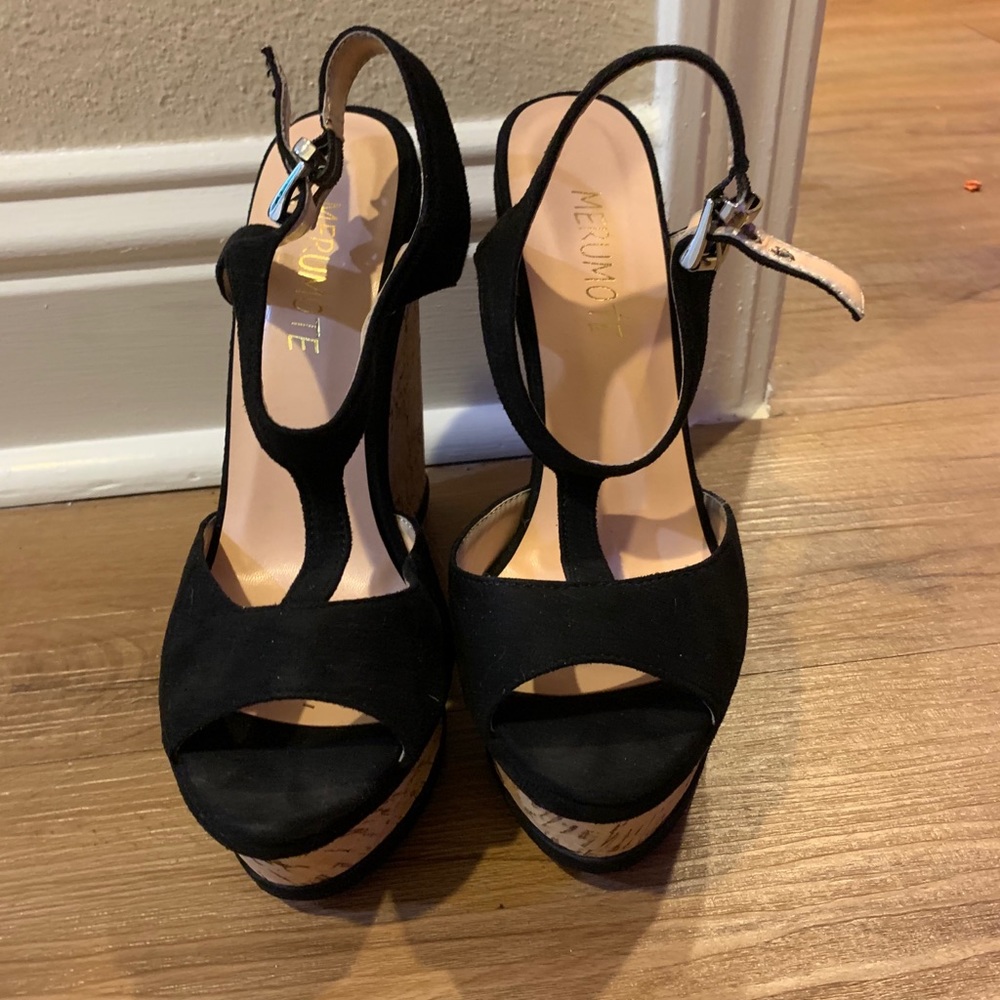 LIKE NEW black suede cork wedges